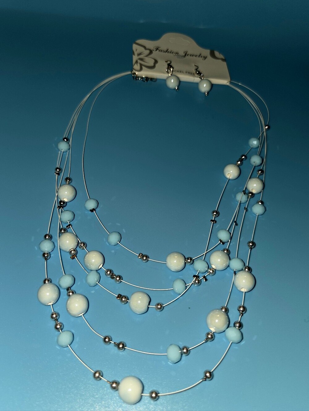 Pastel Blue White Multi Strand Beaded Necklace & Earrings Set Coastal Y2K